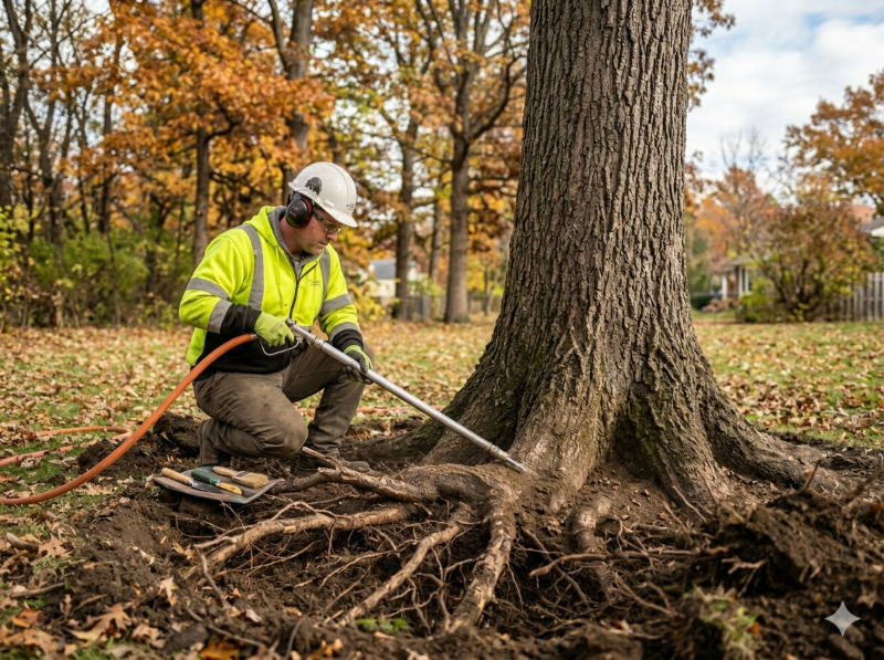 Air spading technique used for root collar excavation to improve tree health and stability.
